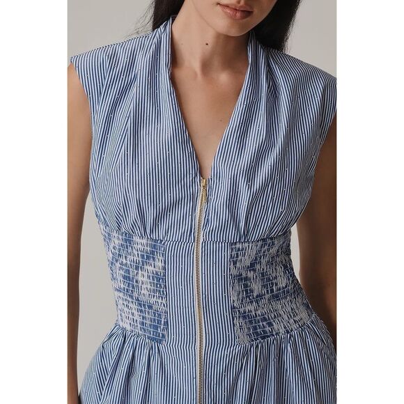 Anthropologie Tommie Cap-Sleeve Smocked Front-Zip Shirt Dress Shine Edition XS - Picture 4 of 5